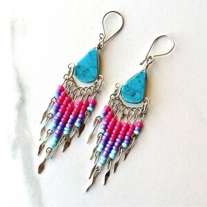 Bohemian Peruvian Turquoise Howlite Beaded Fringe Earrings #2